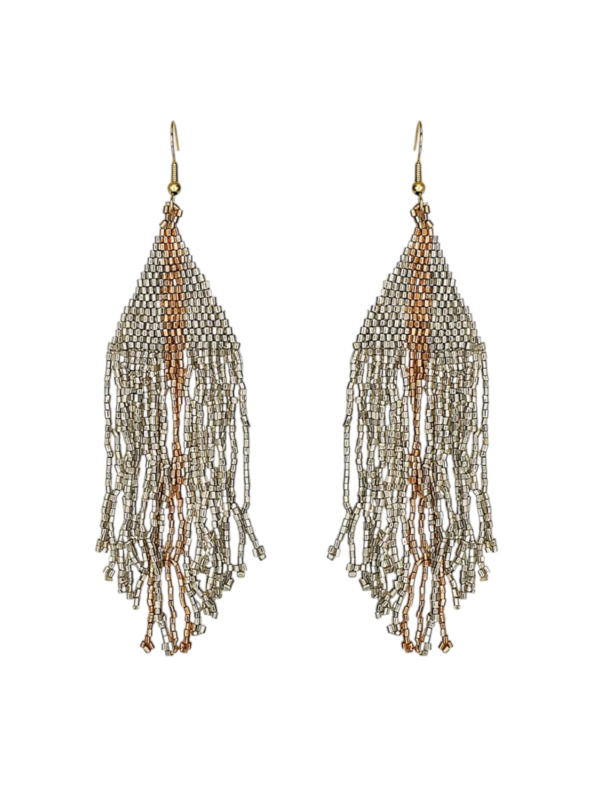 Silver & Bronze Triangle Beaded Fringe Earrings