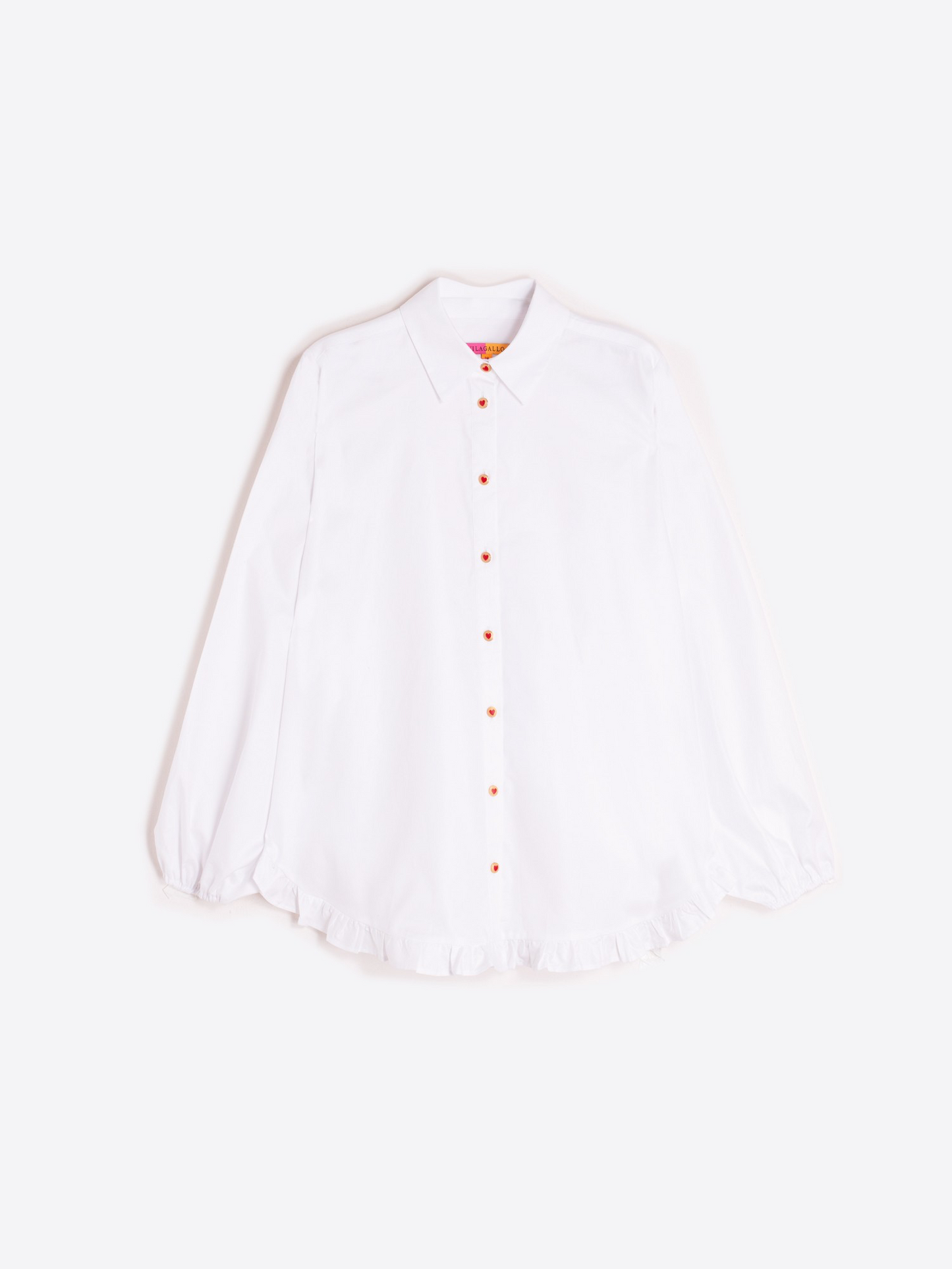 Vilagallo White Ruffle Hem & Heart Button Shirt