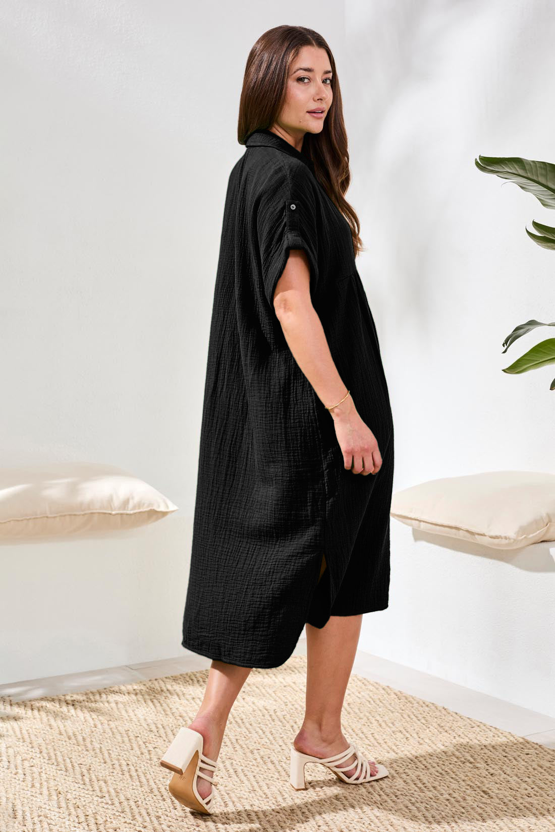 TRIBAL CRINKLE GAUZE SHORT SLEEVE EMPIRE WAIST MIDI DRESS