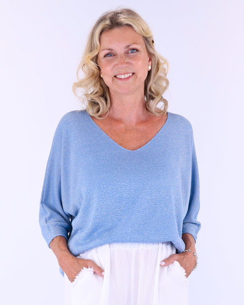Cadenza V Neck Sparkle Top In Denim