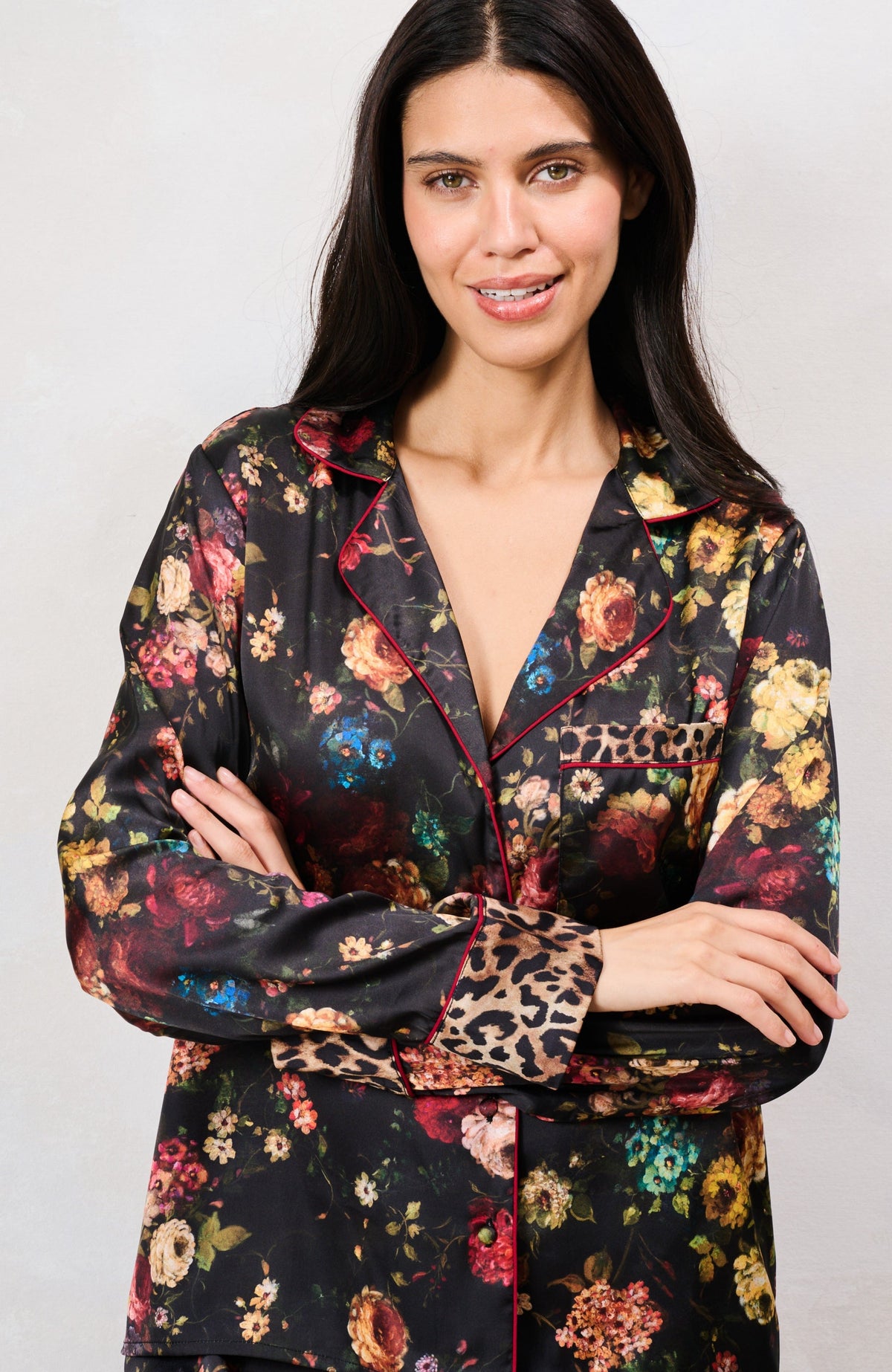 Hope & Ivy Floral & Leopard Print Satin Pj Set