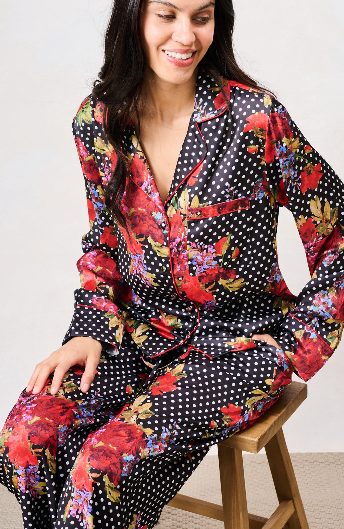 Hope & Ivy Floral & Polka Dot Print Satin Pj Set