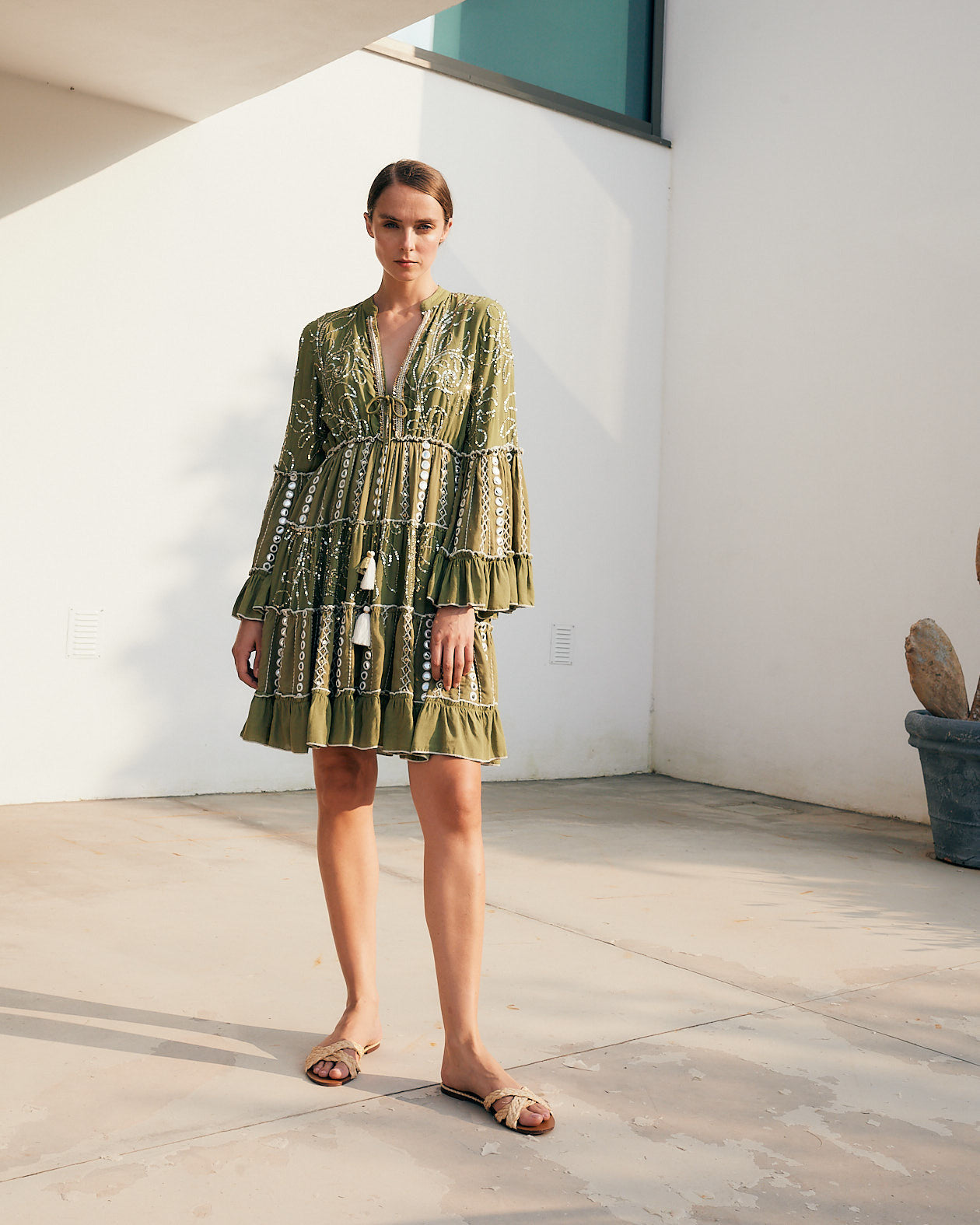 Alex Max Embellished Dress In Khaki