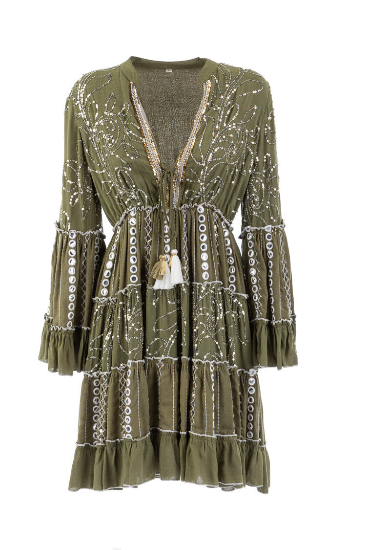 Alex Max Embellished Dress In Khaki
