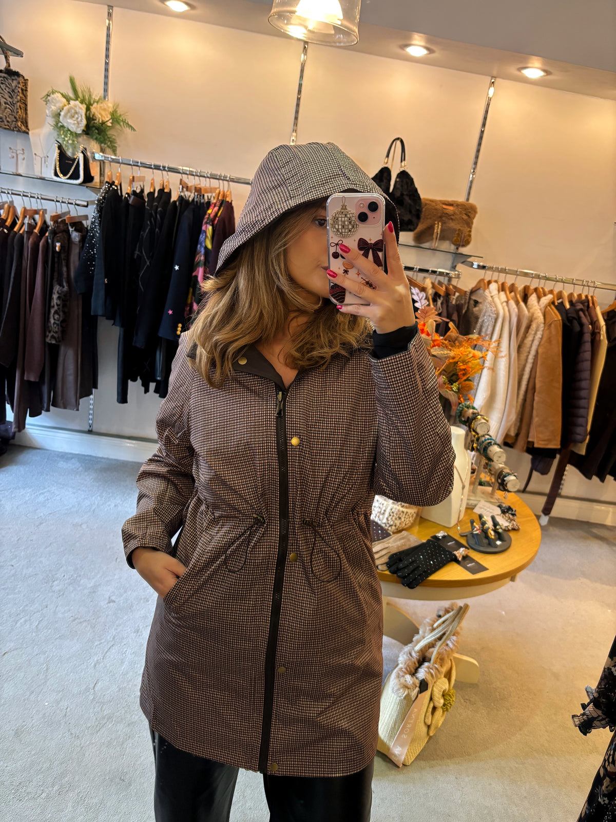 Reversible Rain Coat Dogtooth/ Brown