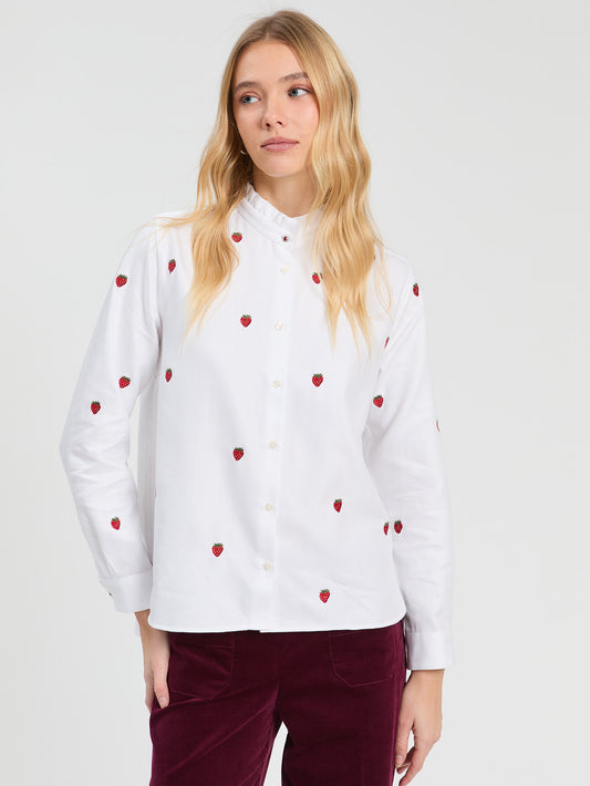 Vilagallo White Herringbone Strawberry Embroidered Shirt