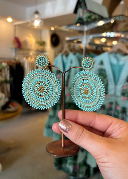 Aqua Blue & Gold Beaded Circle Earrings