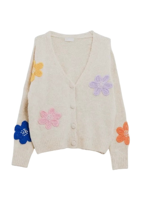 Q2 Cream Cardigan With Embroidered Flowers