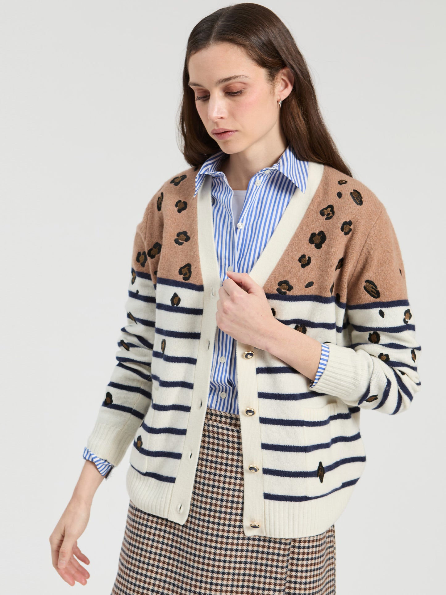 Vilagallo Leopard Print & Stripe Cardigan