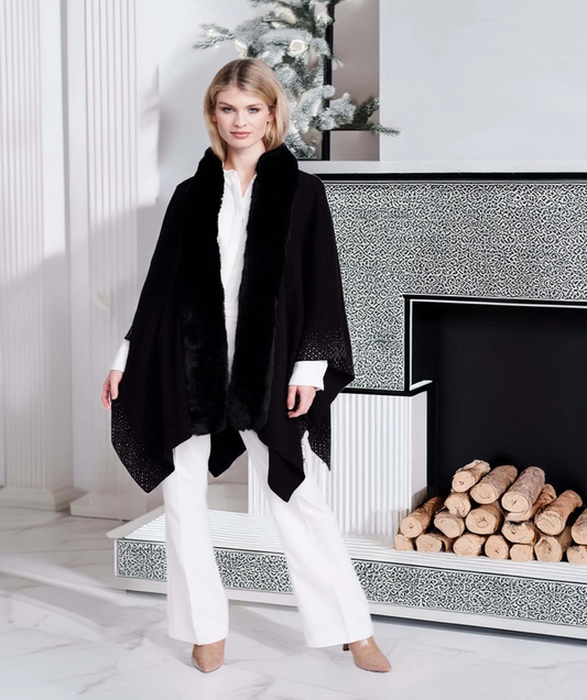 Pia Rossini Black Crystal Embellished Faux Fur Trim Wrap