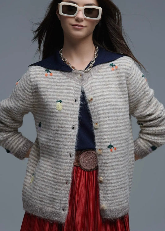 Q2 Wool Blend Stripe Cardigan With Embroidered Fruits