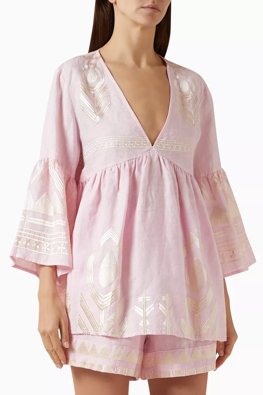 Greek Archaic Kori Bell Sleeve Blouse Pink/ Champagne