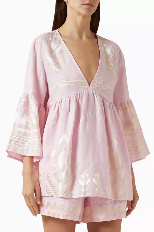 Greek Archaic Kori Bell Sleeve Blouse Pink/ Champagne