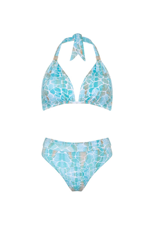 Sophia Alexia Aqua Pebbles Triangle Bikini Top & High Rose Bottoms Set