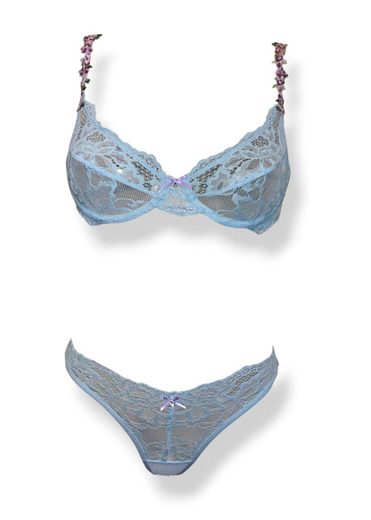Periwinkle Blue & Lilac Flower Strap Underwired Lingerie Set