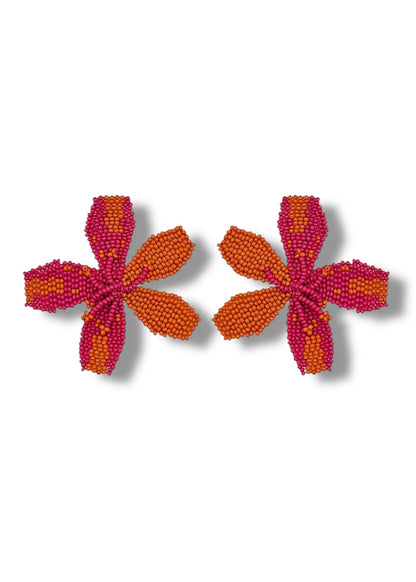 Orange & Pink Beaded Flower Earrings