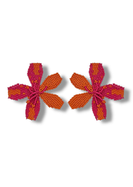 Orange & Pink Beaded Flower Earrings