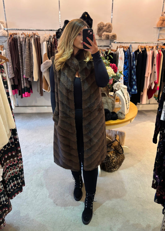 Faux Fur Longline Gilet In Brown