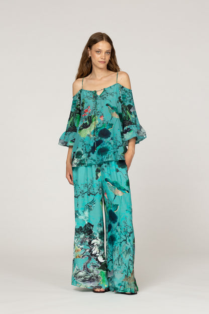 INOA Flora Green Silk Cold Shoulder Top With Embellishment