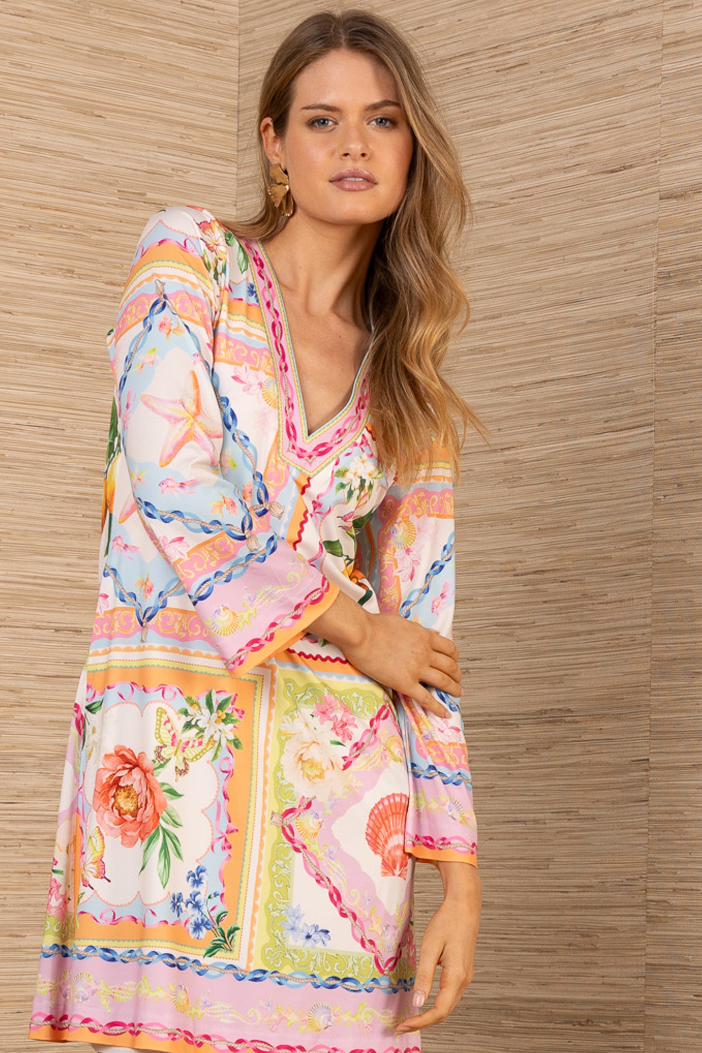 HALE BOB ORANGE PRINT MIDI DRESS WITH V-NECK, BELL SLEEVES & POCKETS