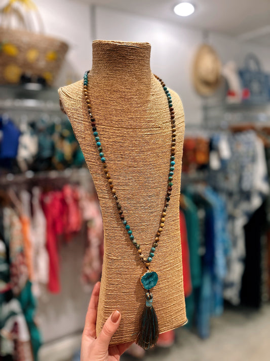 Long Blue Crystal Tassel Necklace