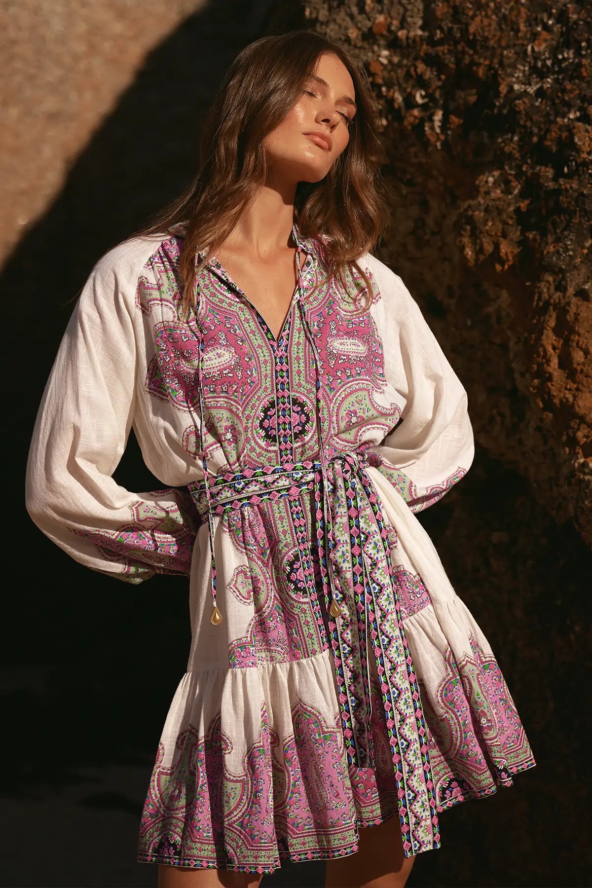 Miss June Danae Short Dress With Belt In Pink Multi