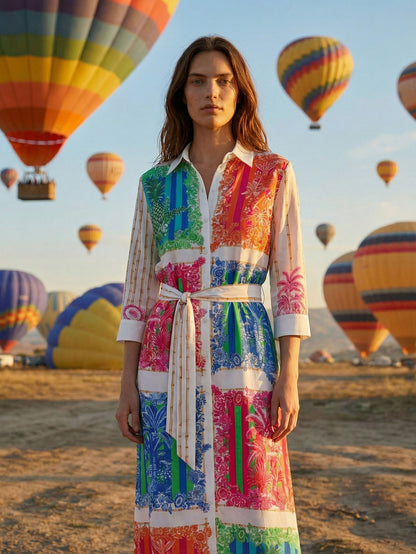 Vilagallo Long shirt dress with a multicolored bamboo print