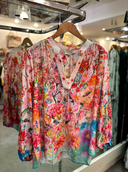 Inoa Premium Silk Pupper Top With Crystals In Pink Floral