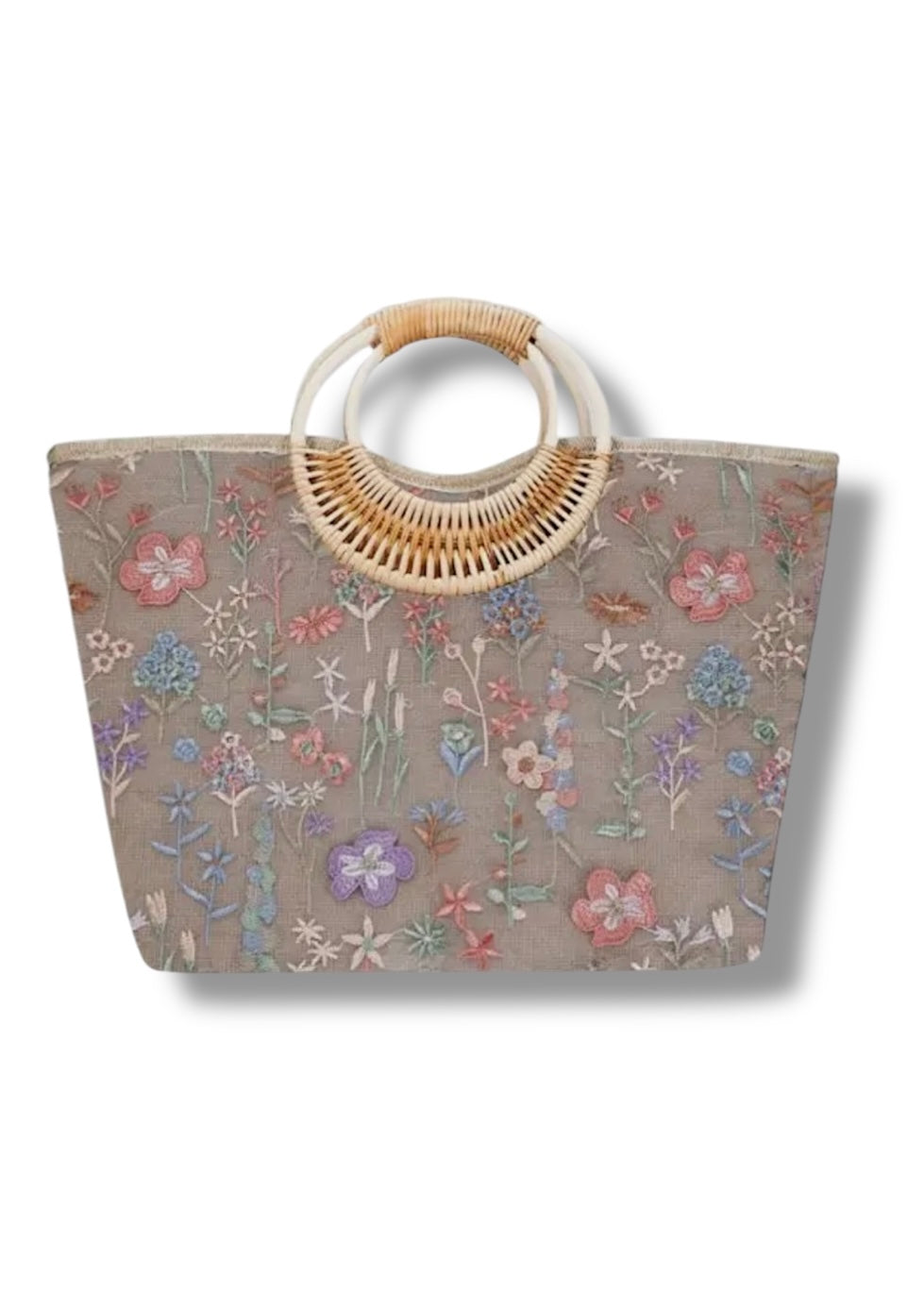 Embroidered Flower Handbag With Bamboo Handles