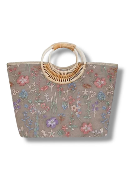 Embroidered Flower Handbag With Bamboo Handles
