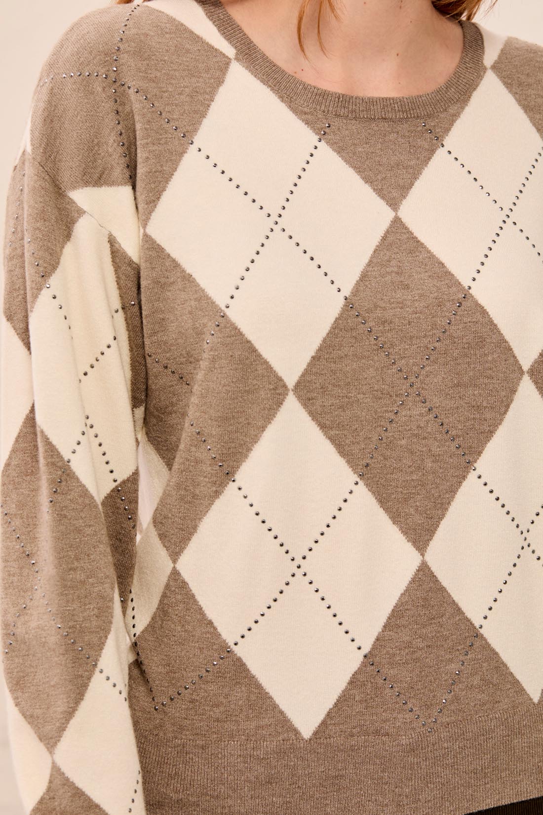 TRIBAL Diamond Print Jumper In Oatmeal With Studs