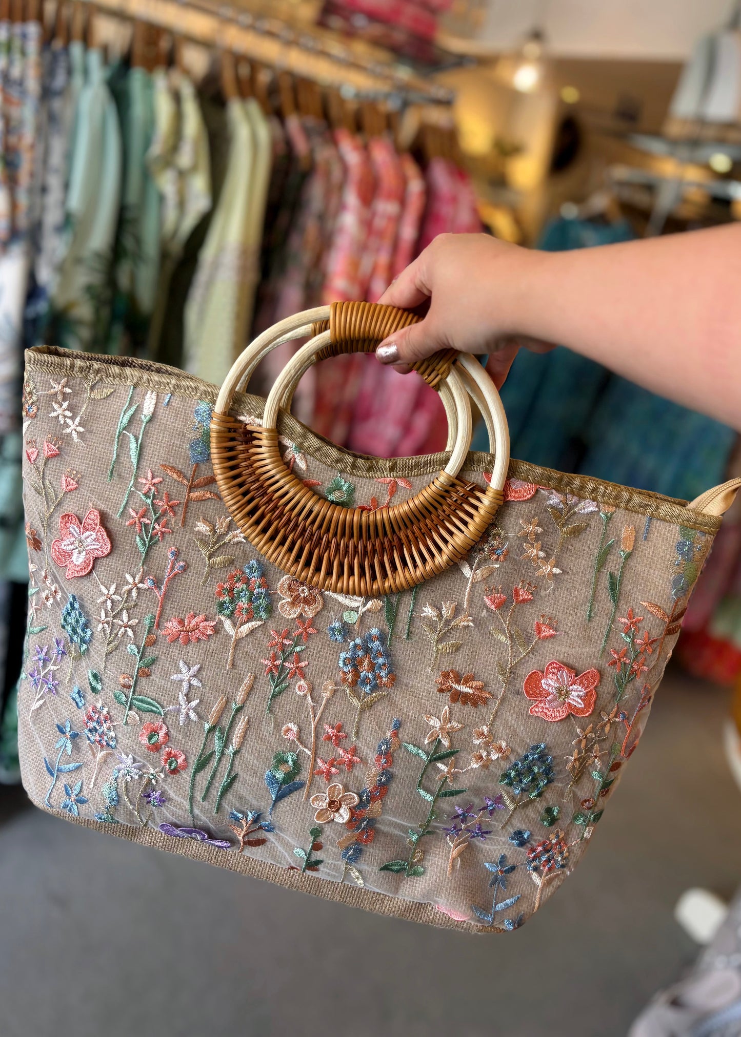 Embroidered Flower Handbag With Bamboo Handles