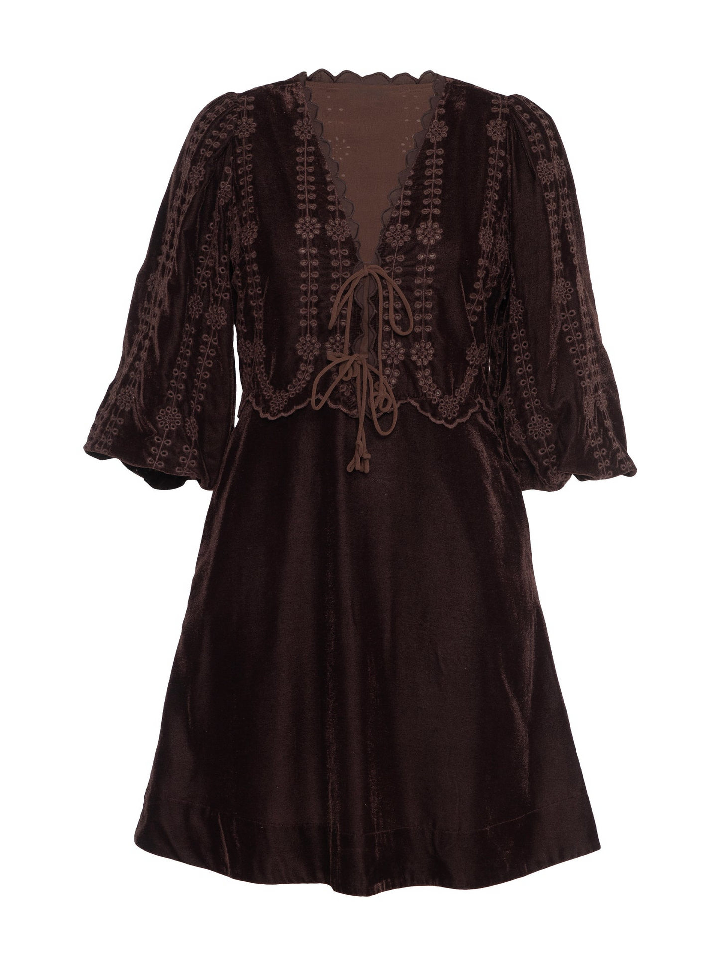 Rose And Nancy Drew Chocolate Brown Embroidered Velvet Tie Front Dress