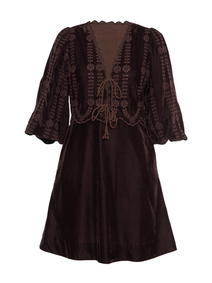 Rose And Nancy Drew Chocolate Brown Embroidered Velvet Tie Front Dress