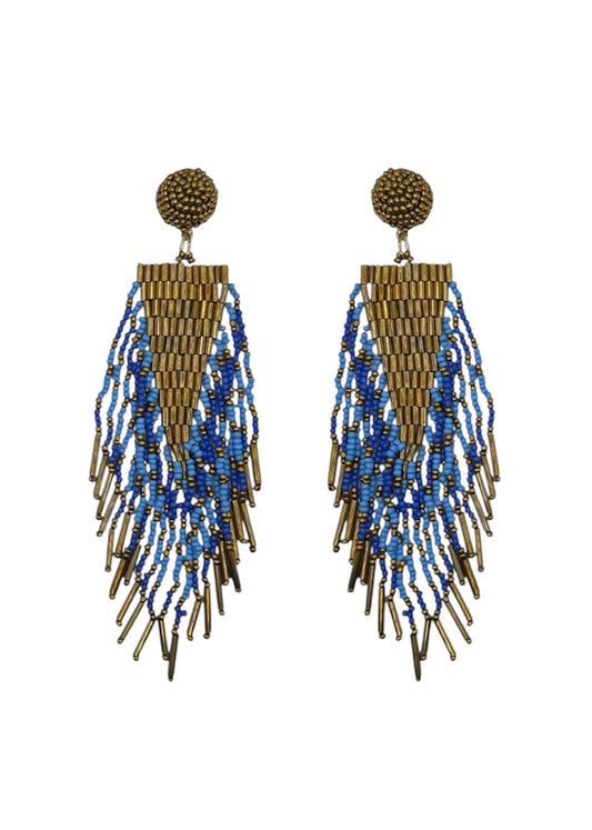 Beaded Blue & Gold Tassel Earrings