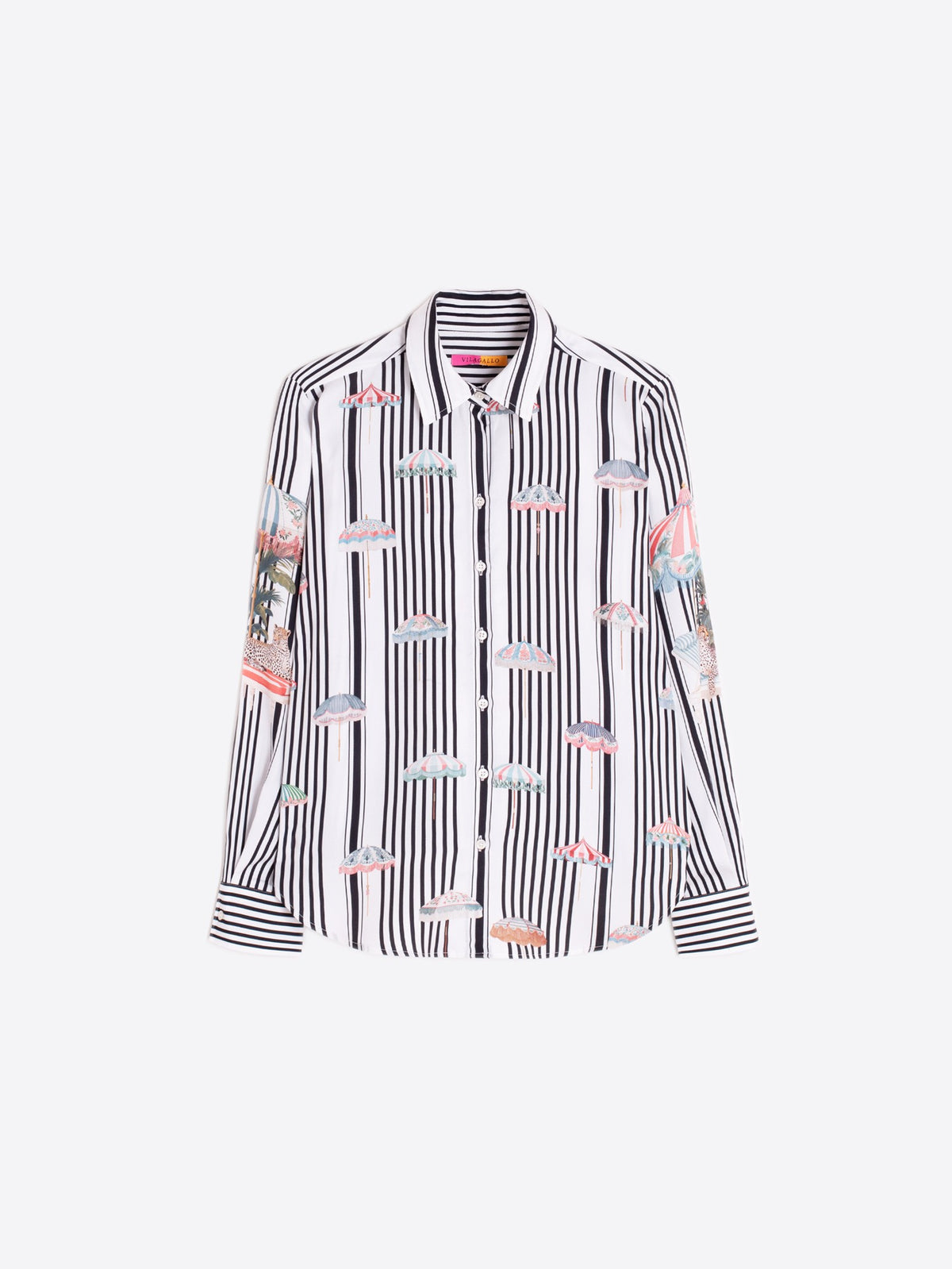 Vilagallo Black and white vertical striped shirt with an umbrella print on the front