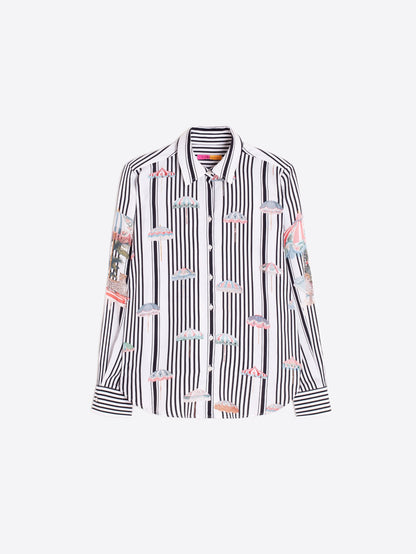 Vilagallo Black and white vertical striped shirt with an umbrella print on the front