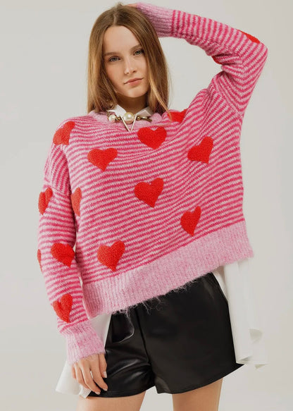Q2 Pink Striped Sweater With Red Hearts