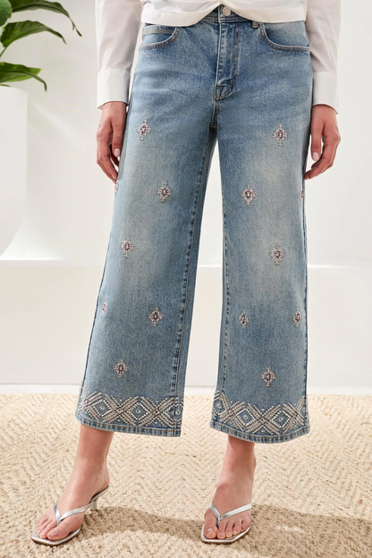 TRIBAL AUDREY HUGGING WIDE LEG DENIM WITH EMBROIDERED FINISH