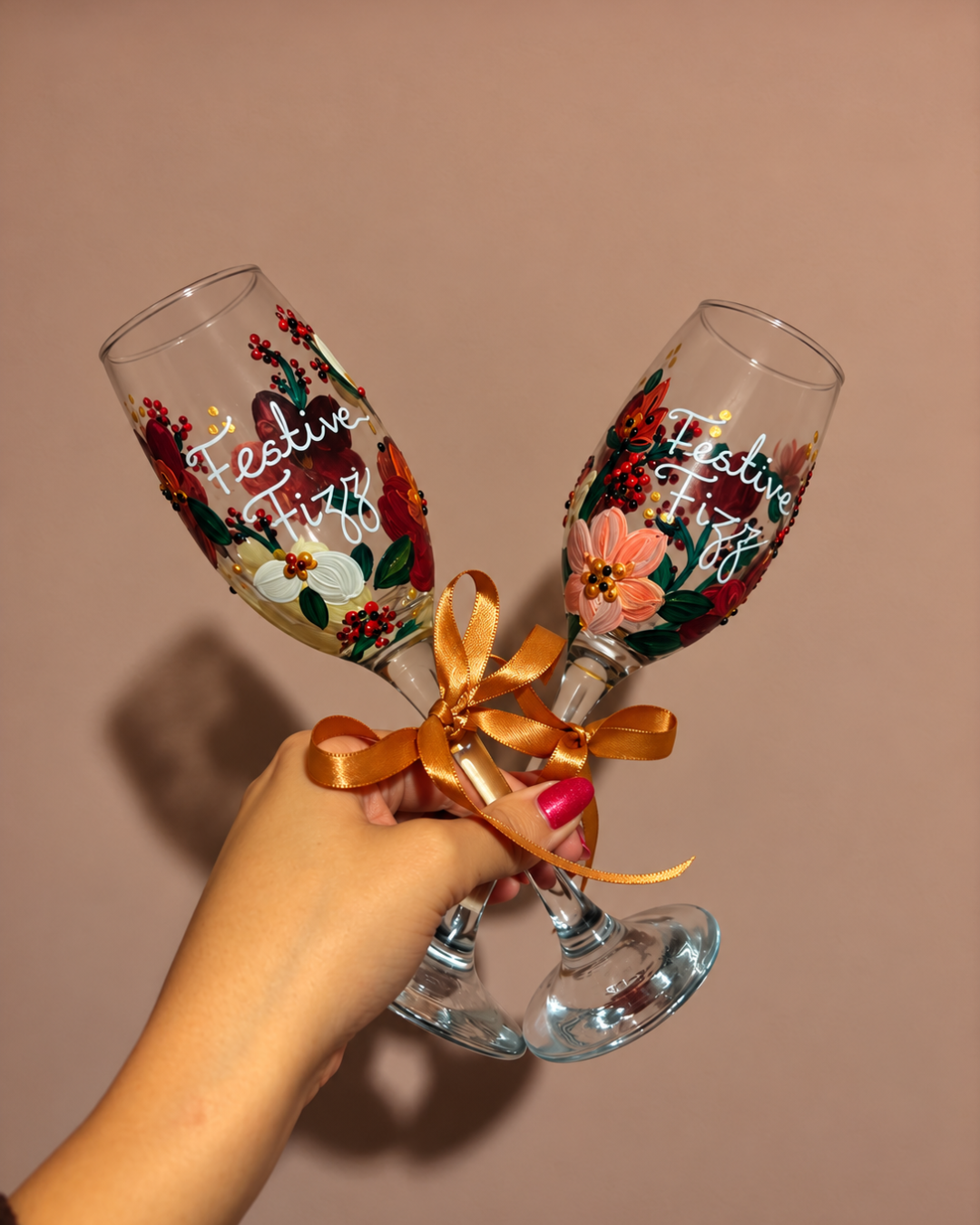 Hand Painted ‘Festive Fizz’ Prosecco Glasses Set Of 2