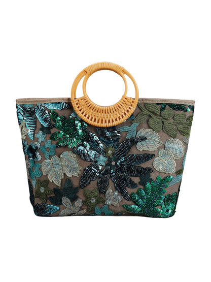 Emerald Green Sequin Tropical Tote Beach Bag
