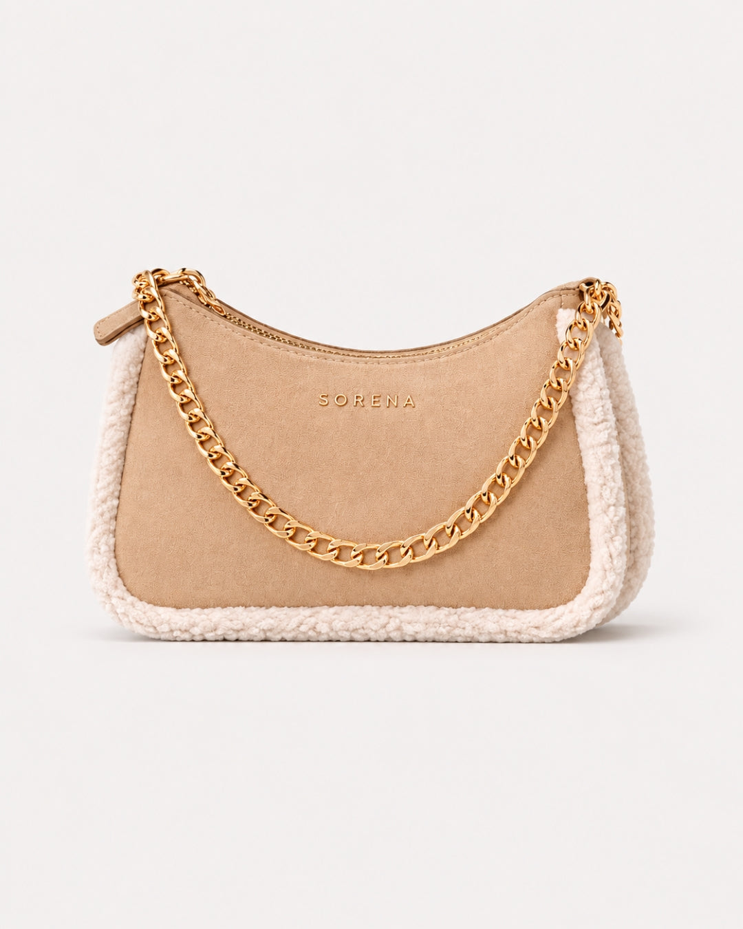 Sorena Valentina Suede Beige With Faux Fur Trim Crossbody Bag