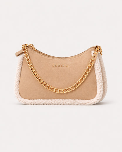 Sorena Valentina Suede Beige With Faux Fur Trim Crossbody Bag