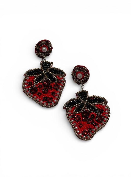 Strawberry Beaded Earrings In Red