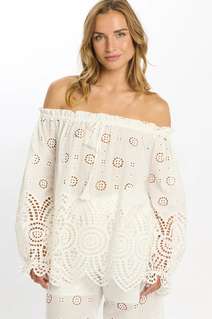 Miss June Opaline Bardot Embroidered Cotton Top In White