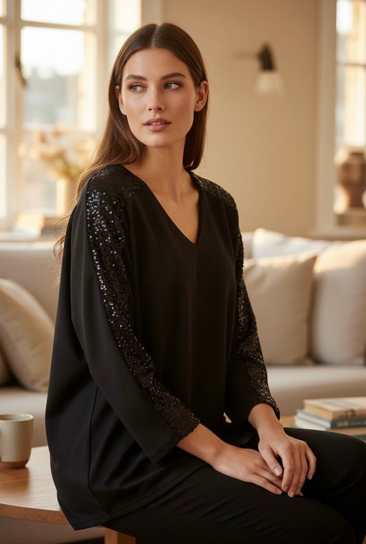 Soft V-Neck Top With Sequin Detail On The Arms & Bow At The Back In Black