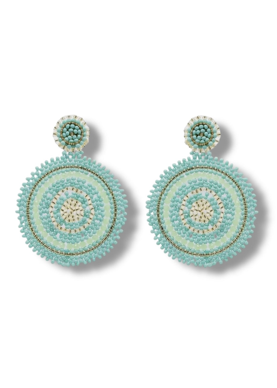 Aqua Blue & Gold Beaded Circle Earrings