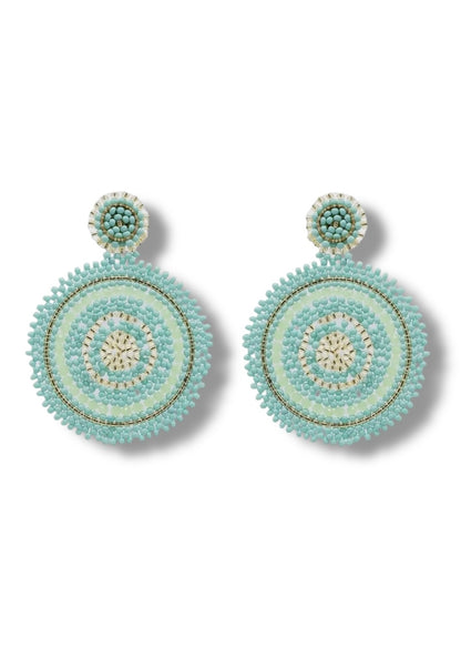 Aqua Blue & Gold Beaded Circle Earrings
