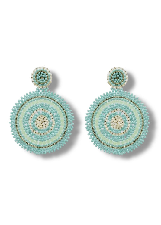 Aqua Blue & Gold Beaded Circle Earrings