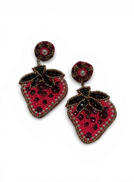 Strawberry Beaded Earrings In Pink
